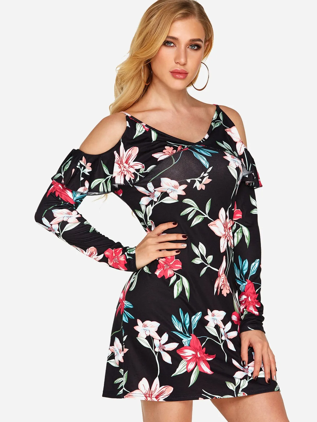 Wholesale Black V-Neck Long Sleeve Floral Print Backless Dresses