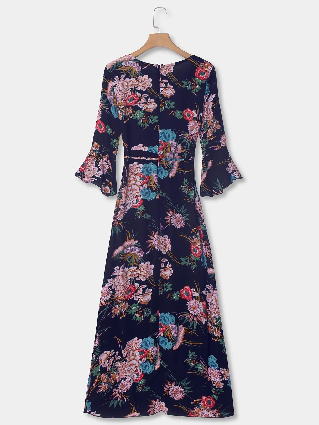 Wholesale Blue Deep V Neck 3/4 Length Sleeve Floral Print Lace-Up Slit Hem Dresses