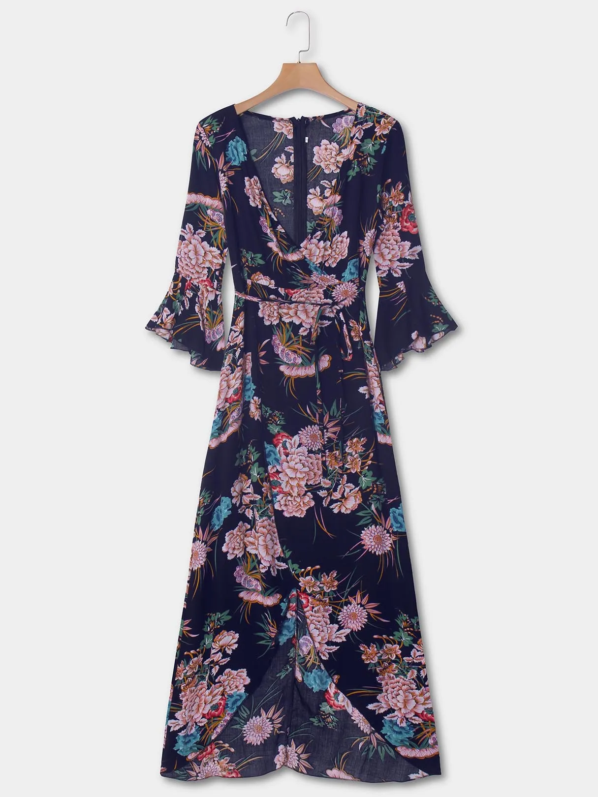 Wholesale Blue Deep V Neck 3/4 Length Sleeve Floral Print Lace-Up Slit Hem Dresses