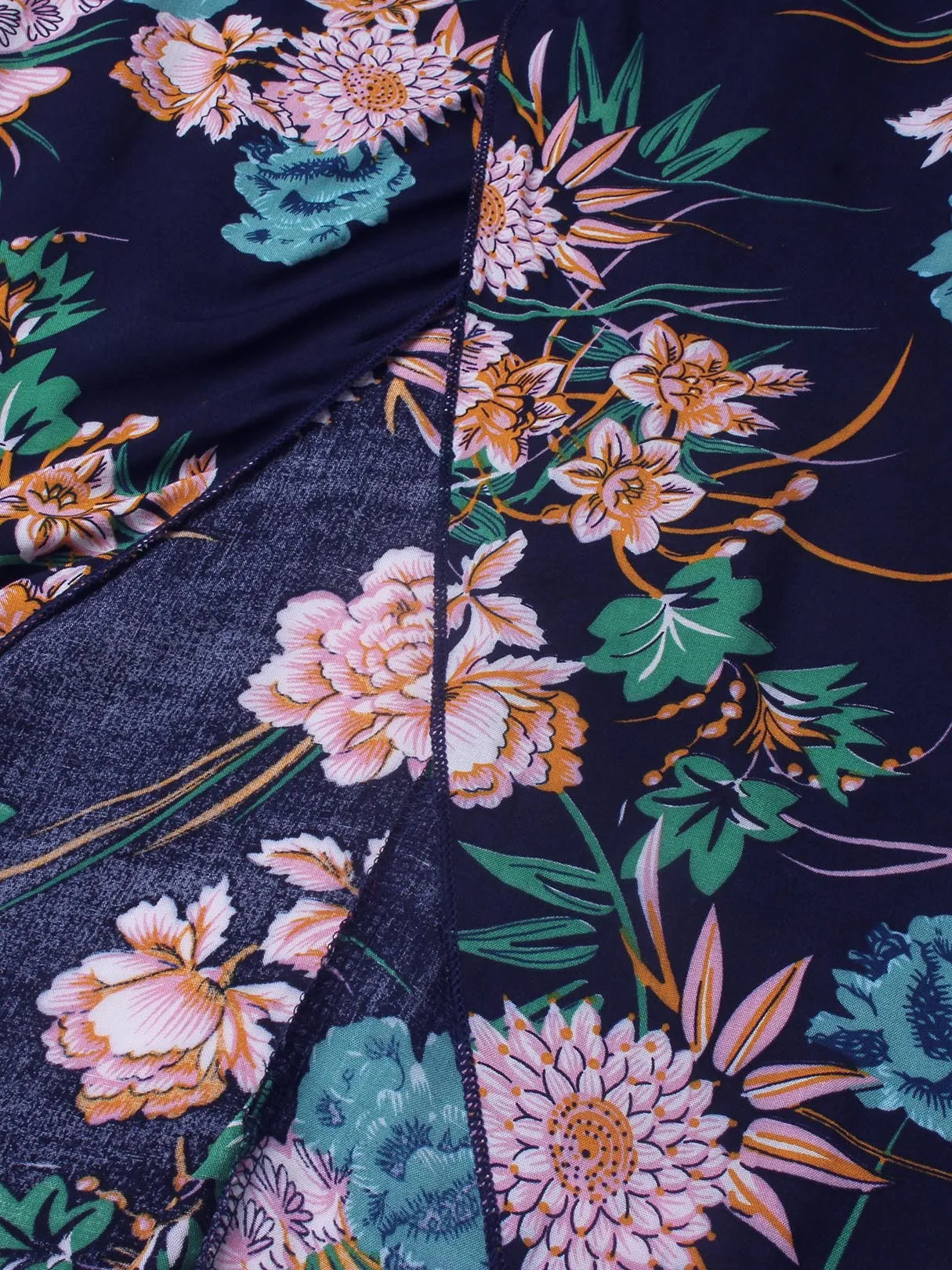 Wholesale Blue Deep V Neck 3/4 Length Sleeve Floral Print Lace-Up Slit Hem Dresses