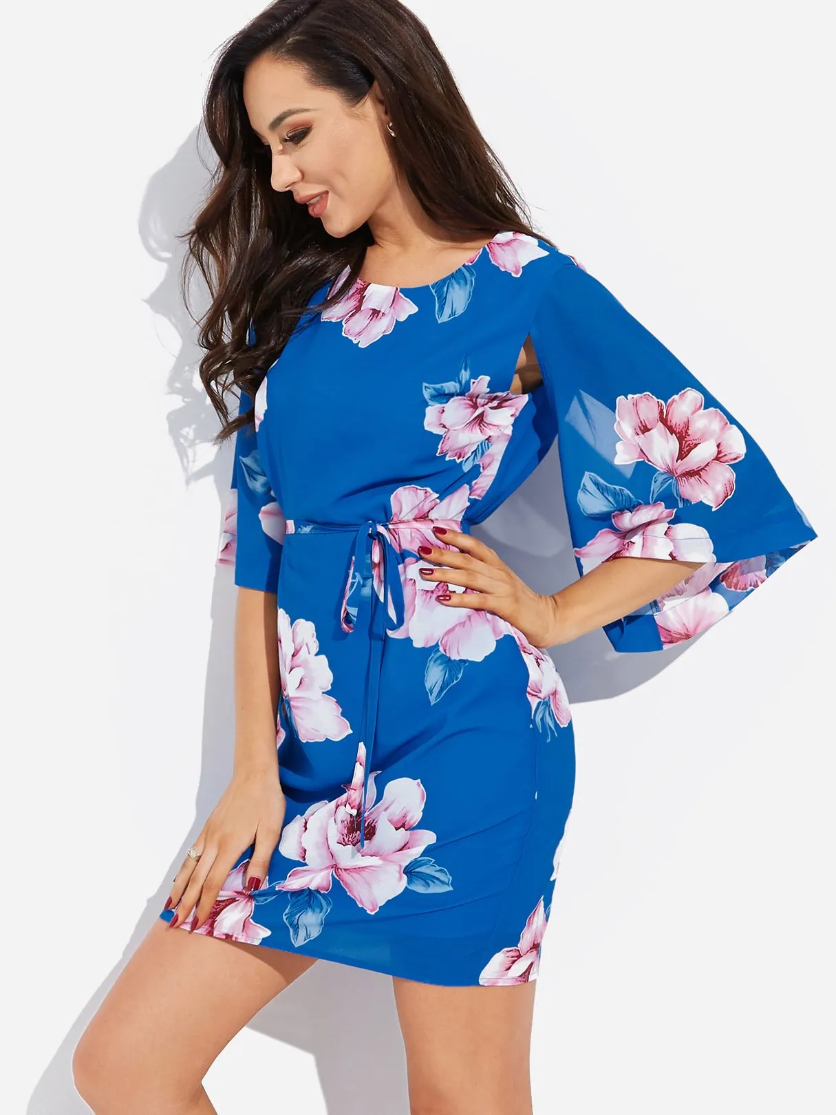 Wholesale Blue Round Neck Long Sleeve Floral Print Slit Self-Tie Dresses