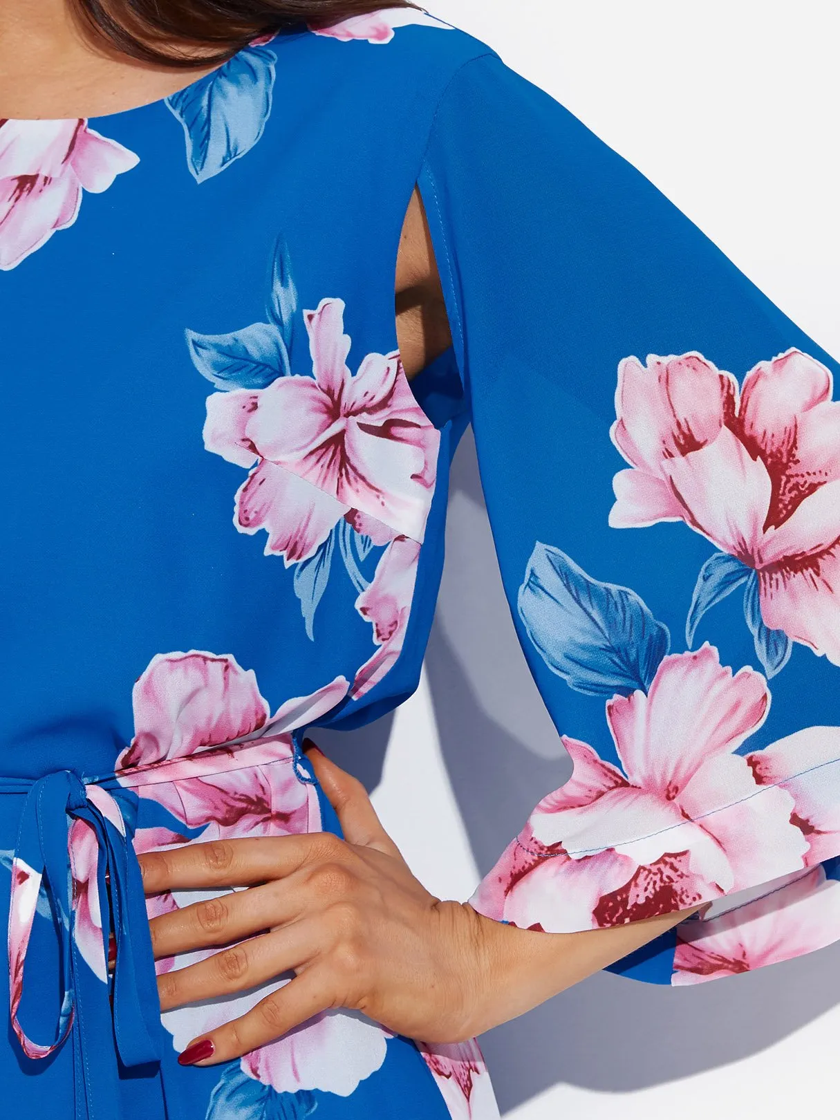 Wholesale Blue Round Neck Long Sleeve Floral Print Slit Self-Tie Dresses