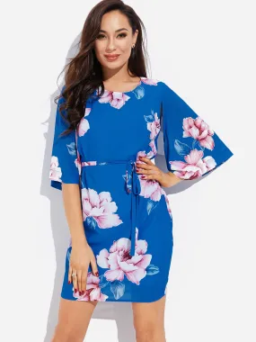 Wholesale Blue Round Neck Long Sleeve Floral Print Slit Self-Tie Dresses