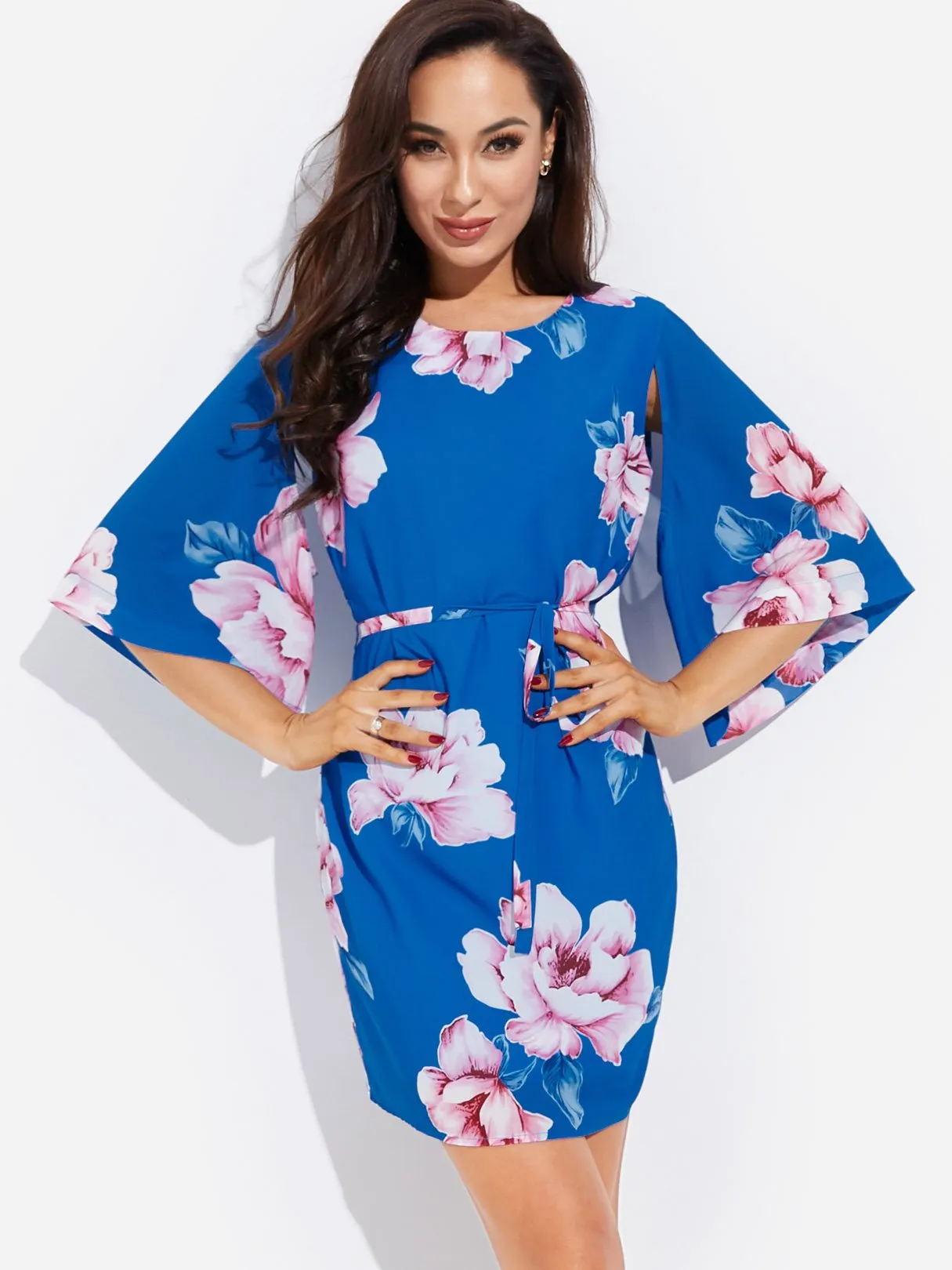 Wholesale Blue Round Neck Long Sleeve Floral Print Slit Self-Tie Dresses