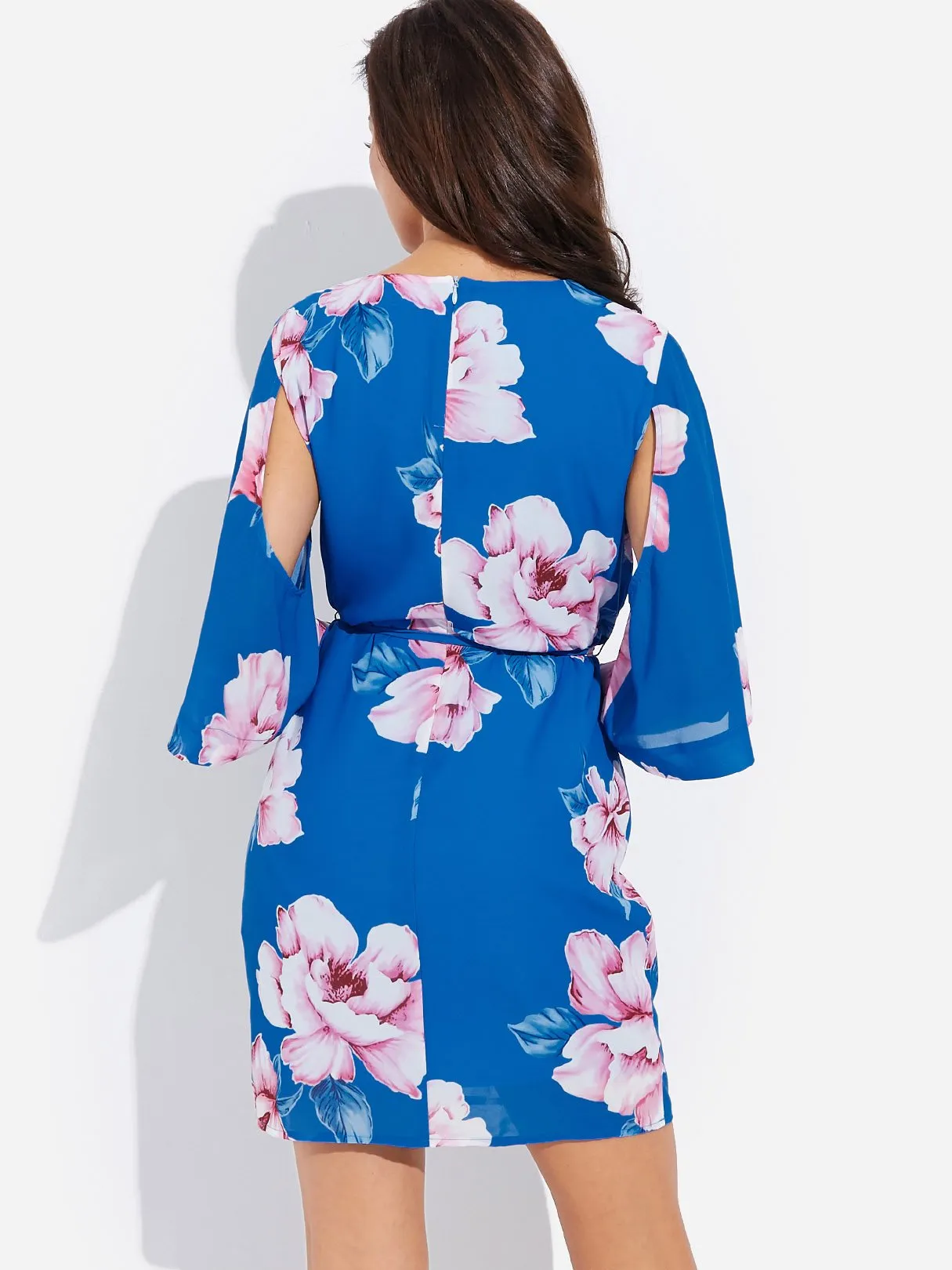 Wholesale Blue Round Neck Long Sleeve Floral Print Slit Self-Tie Dresses
