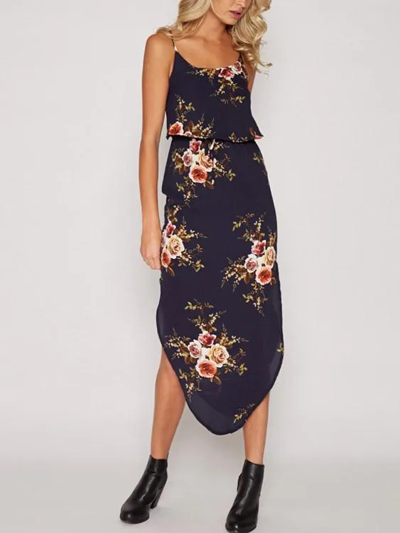 Wholesale Navy Sleeveless Floral Print Dresses