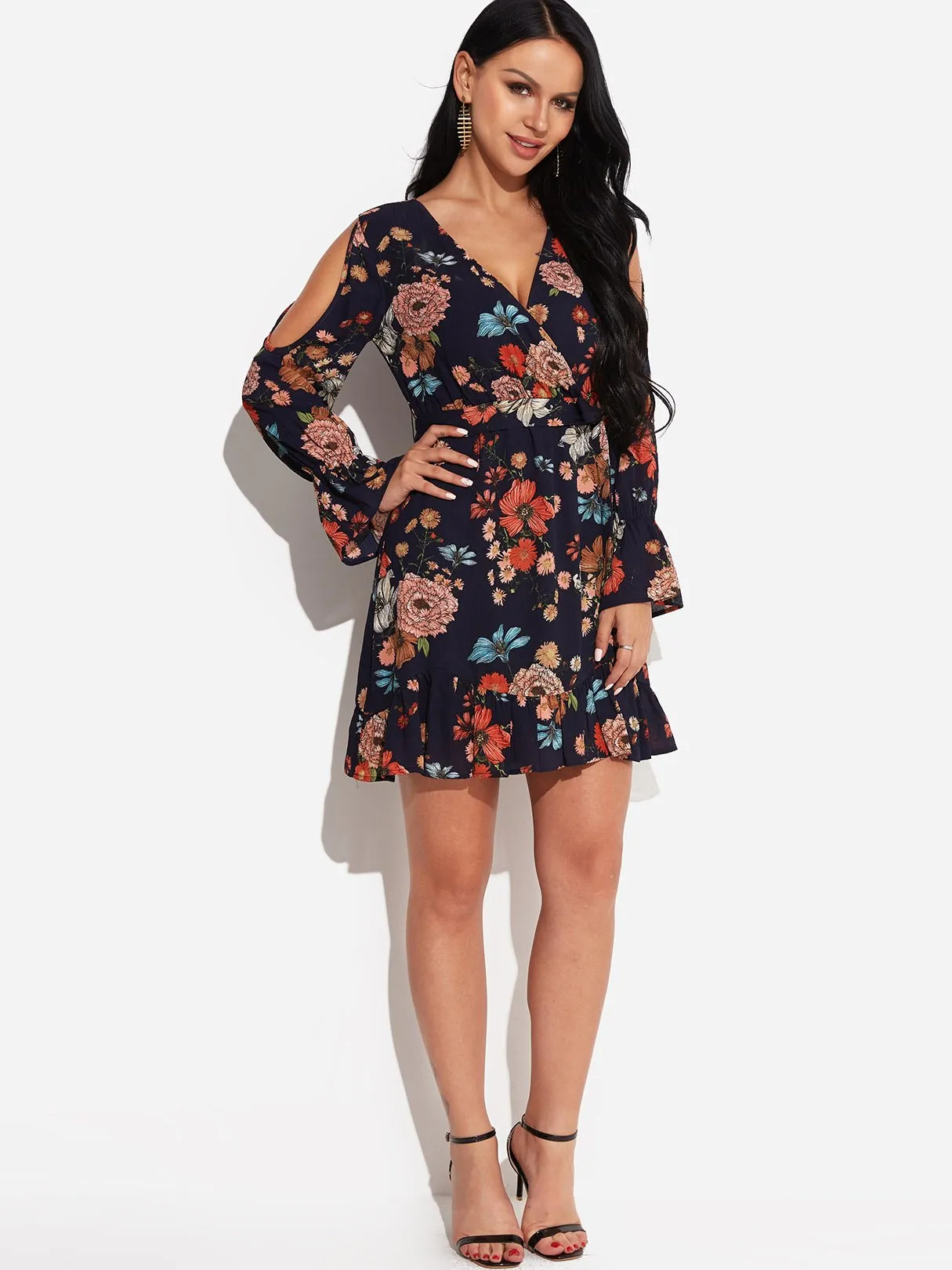 Wholesale Navy V-Neck Long Sleeve Floral Print Cut Out Wrap Dresses