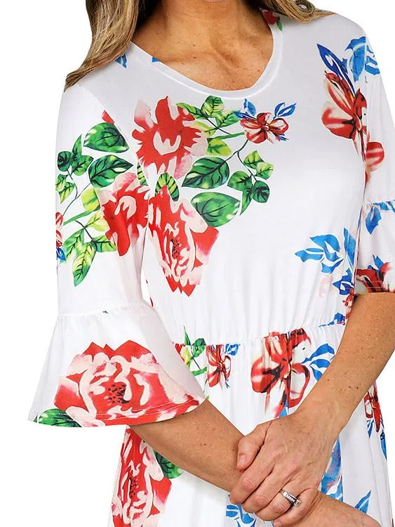 Wholesale Round Neck Half Sleeve Floral Print Curved Hem Dresses