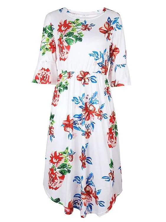 Wholesale Round Neck Half Sleeve Floral Print Curved Hem Dresses