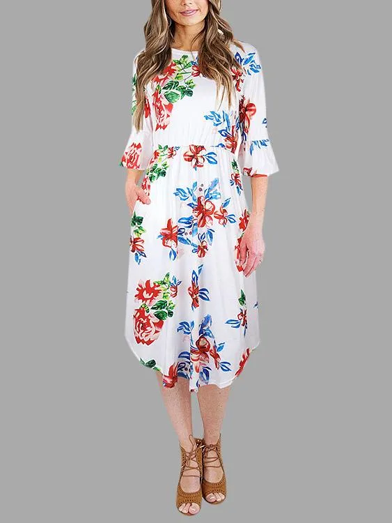 Wholesale Round Neck Half Sleeve Floral Print Curved Hem Dresses