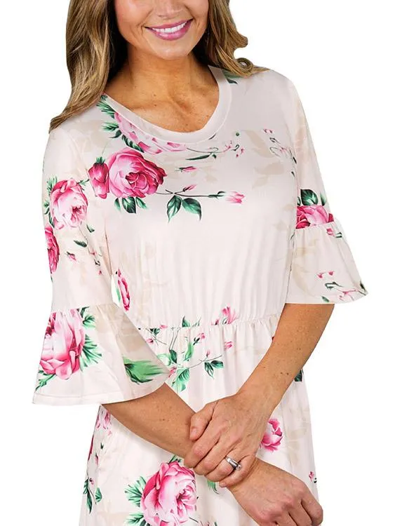 Wholesale Round Neck Half Sleeve Floral Print Curved Hem Dresses