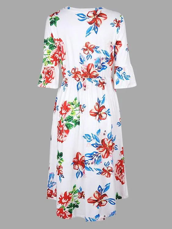 Wholesale Round Neck Half Sleeve Floral Print Curved Hem Dresses