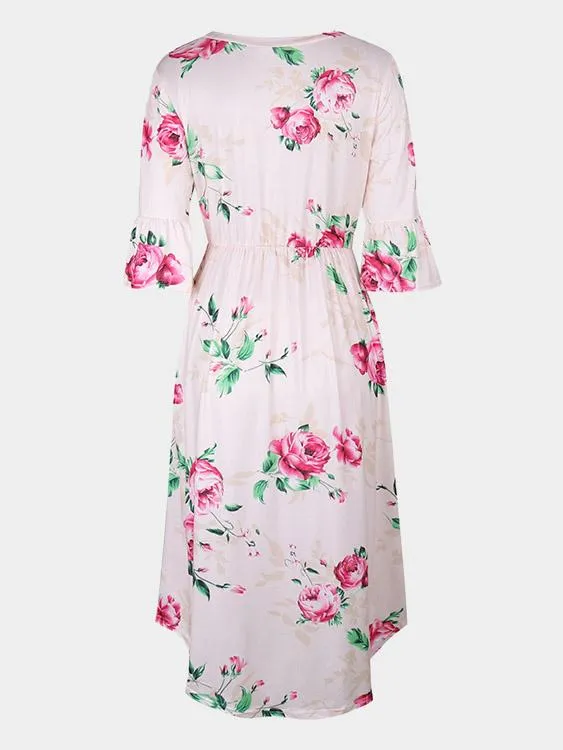 Wholesale Round Neck Half Sleeve Floral Print Curved Hem Dresses