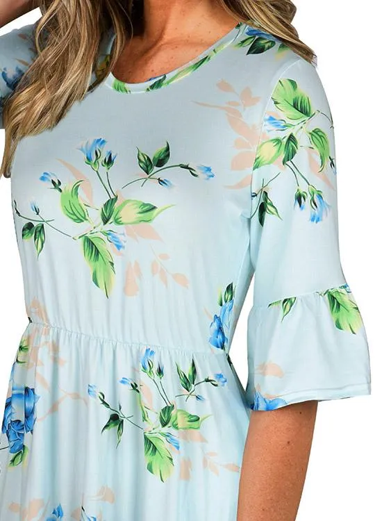 Wholesale Round Neck Half Sleeve Floral Print Curved Hem Dresses