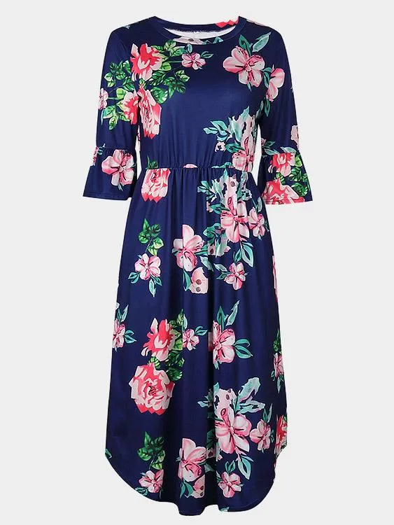 Wholesale Round Neck Half Sleeve Floral Print Curved Hem Dresses