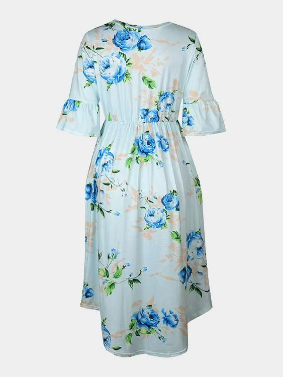 Wholesale Round Neck Half Sleeve Floral Print Curved Hem Dresses
