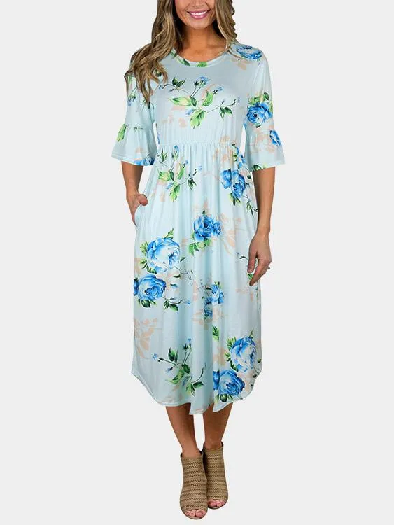 Wholesale Round Neck Half Sleeve Floral Print Curved Hem Dresses