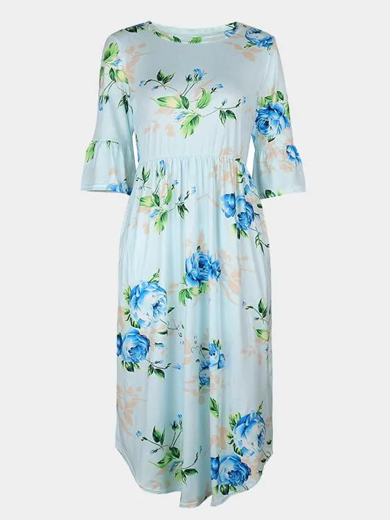 Wholesale Round Neck Half Sleeve Floral Print Curved Hem Dresses