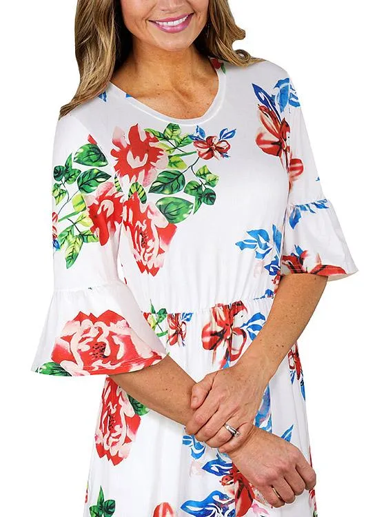 Wholesale Round Neck Half Sleeve Floral Print Curved Hem Dresses