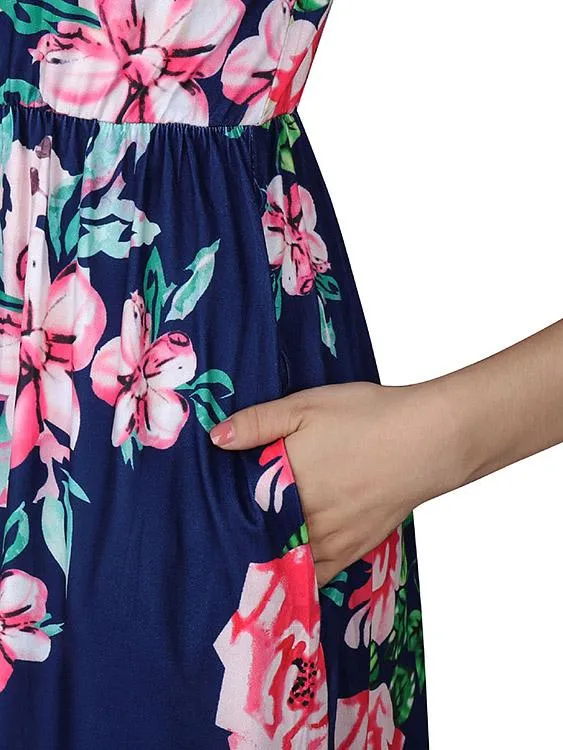 Wholesale Round Neck Half Sleeve Floral Print Curved Hem Dresses