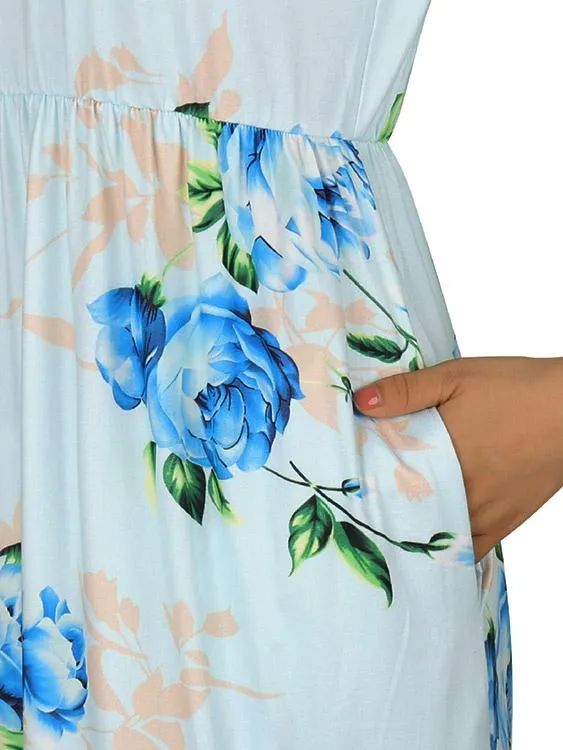 Wholesale Round Neck Half Sleeve Floral Print Curved Hem Dresses