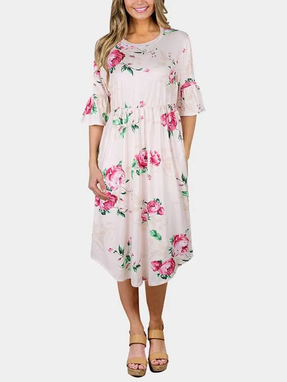 Wholesale Round Neck Half Sleeve Floral Print Curved Hem Dresses