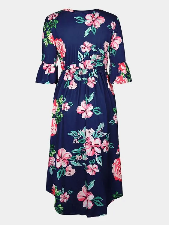 Wholesale Round Neck Half Sleeve Floral Print Curved Hem Dresses