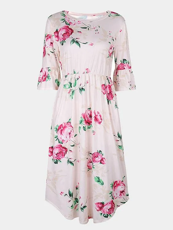 Wholesale Round Neck Half Sleeve Floral Print Curved Hem Dresses