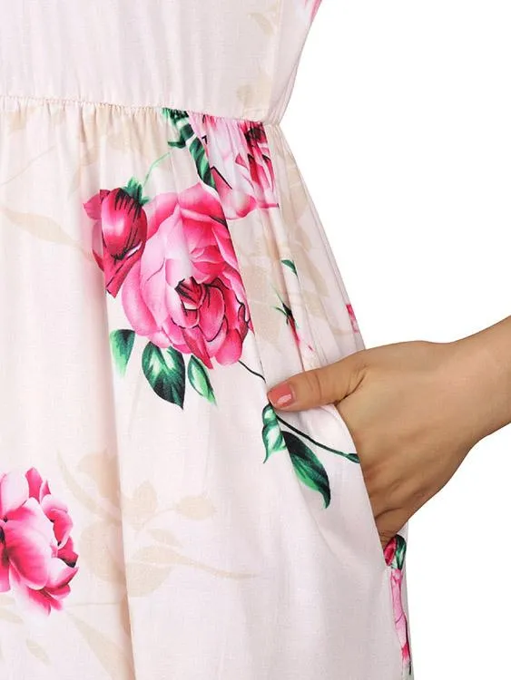 Wholesale Round Neck Half Sleeve Floral Print Curved Hem Dresses