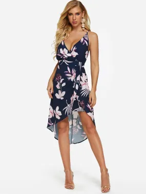 Wholesale Sleeveless Floral Print Wrap Irregular Hem Dresses